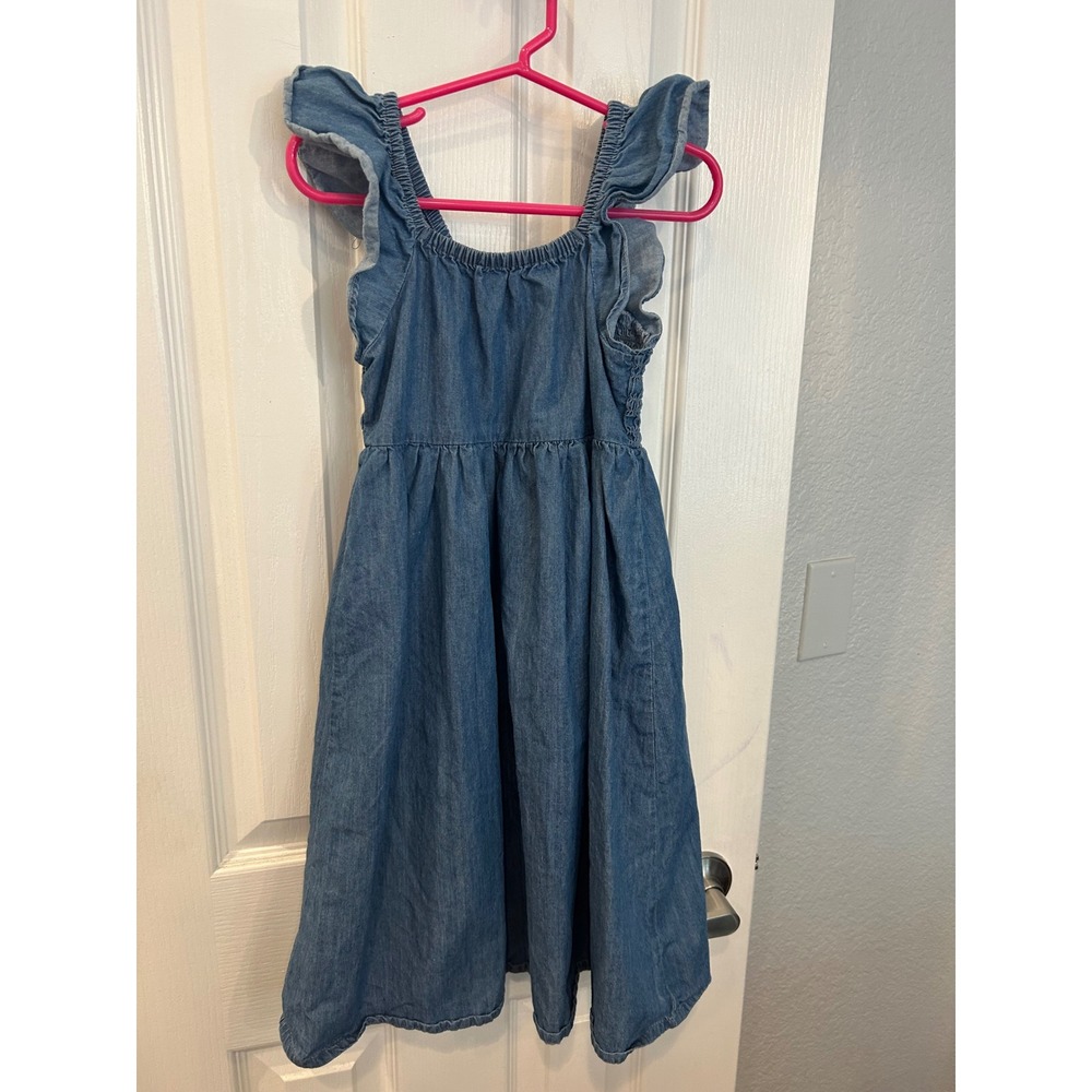 Roxy Girl Denim Dress Blue Smocked Ruffle Strap Cotton Sundress XS 5/6